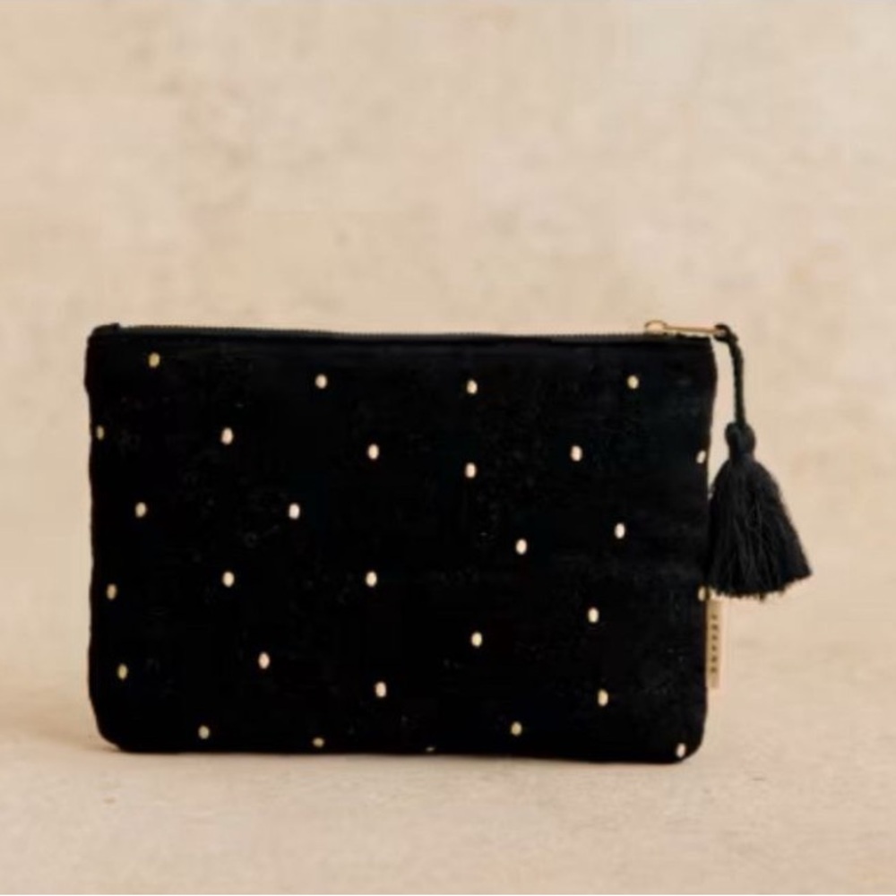 Sezane Small Flat‎ Black Velvet Clutch Bag with Gold Polka Dot Embroidery